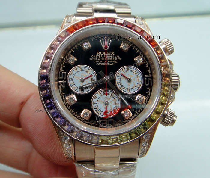 Rolex Rainbow Daytona Rose Gold Black Dial Copy Watch